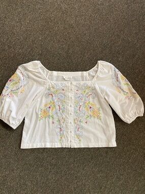 Anthropologie White Embroidered Peasant Blouse with Pastel Accents